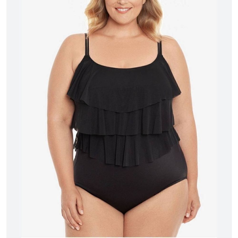 Swim Solutions Waist Minimizer Black Tiered Ruffle One-Piece